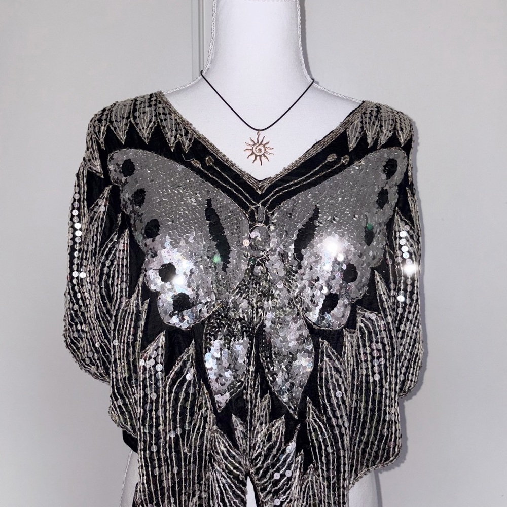 100% Silk Sequin Butterfly Embellished Black Poncho Top - Silver Accents